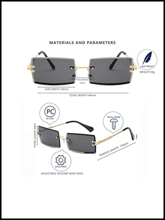 Retro Rimless Rectangle Sunglasses with UV400 Protection Metal Frame